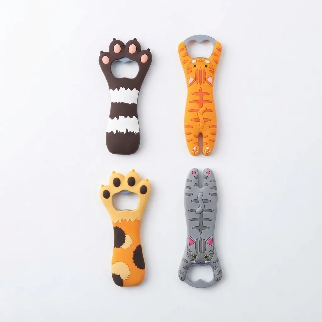 Custom cute cat claw and stripe patterned silicone bottle openers, durable kitchen promotional items available for bulk OEM/ODM orders.