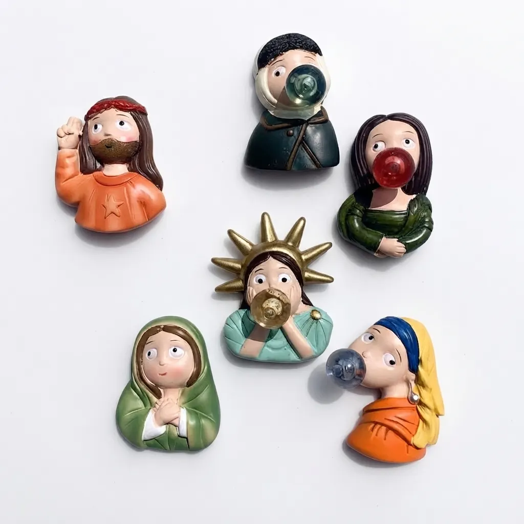 Creative custom funny art character and cultural portrait resin fridge magnets, wholesale novelty magnetic gifts for museum and retail.
