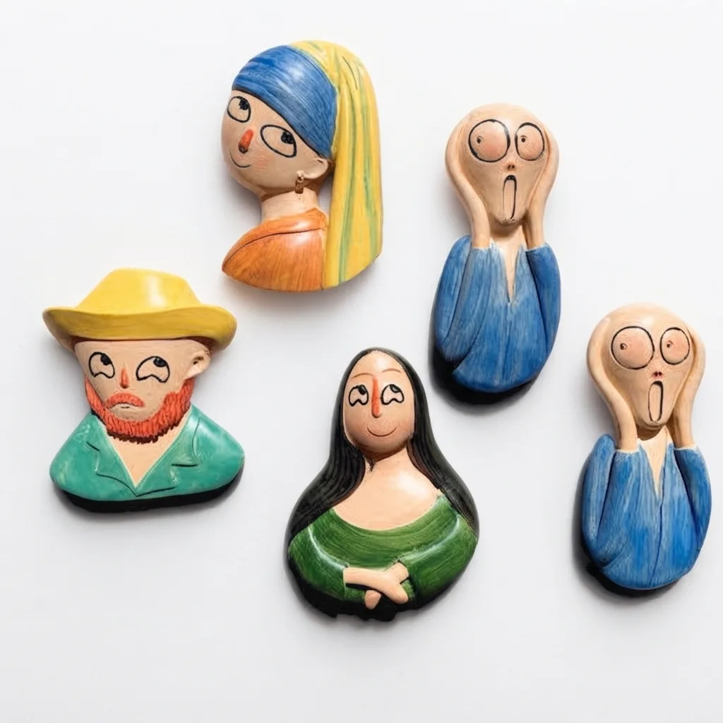 Creative custom art portrait fridge magnets including famous painting characters, wholesale decorative magnetic souvenirs for museum shops.