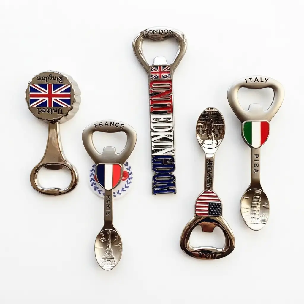 Custom metal landmark souvenir bottle openers and spoon openers featuring UK, USA, and Italy designs for tourist gift shop wholesale.