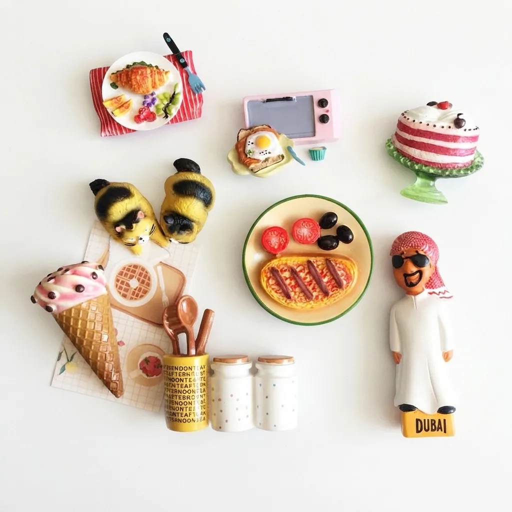 Customized miniature food, kitchenware, cute cats, and Dubai character resin fridge magnets, perfect for tourist gift shop bulk wholesale.