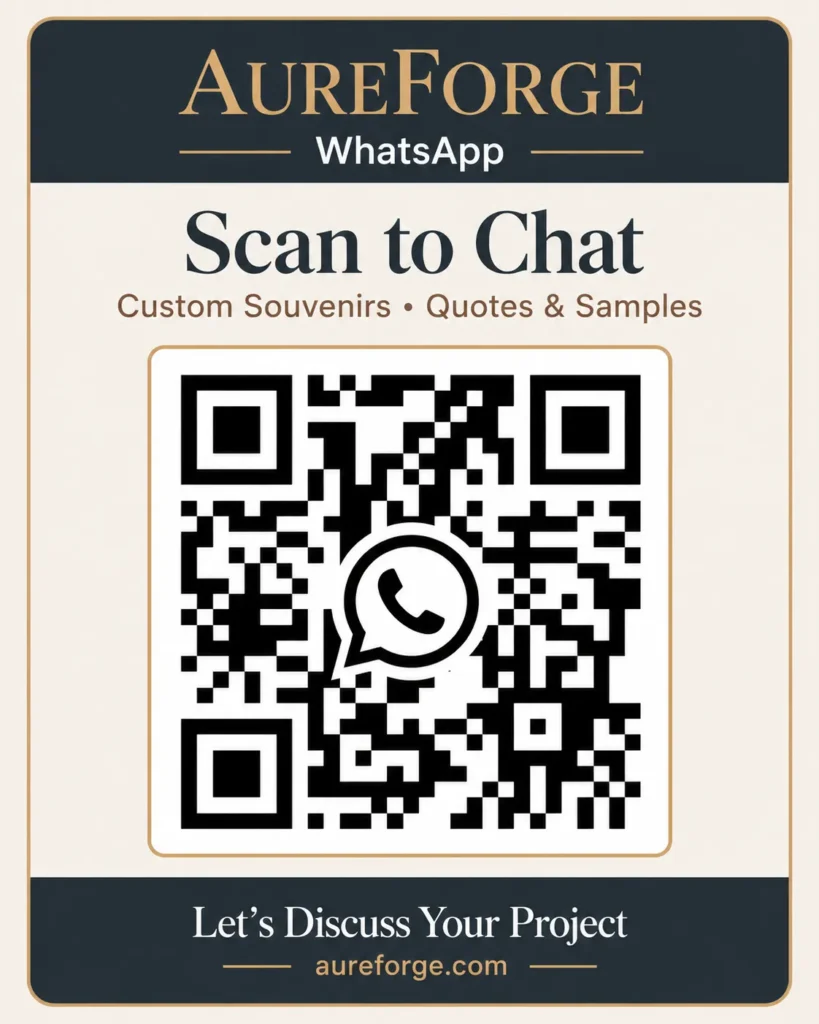Scan the QR code to contact AureForge on WhatsApp about custom souvenirs, quotations and samples.