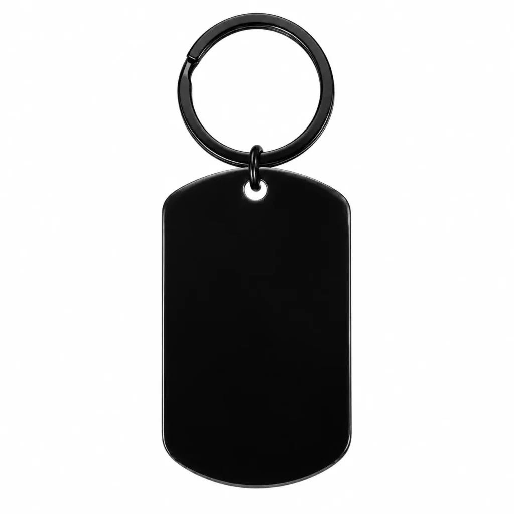 Blank black keychain with a rounded tag pendant and circular split ring, centered on a white background