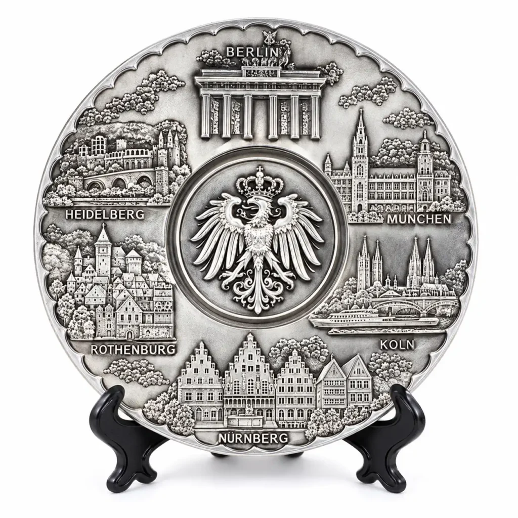 Silver-tone Germany souvenir plate with a crowned eagle and city landmark relief on a black stand against a white background