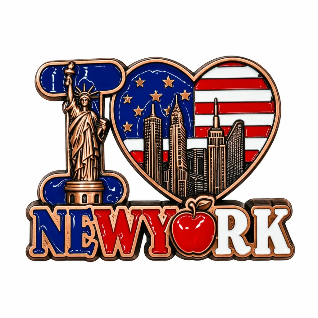 I Love New York magnet with a US flag heart, Statue of Liberty, skyline and red apple on a white background