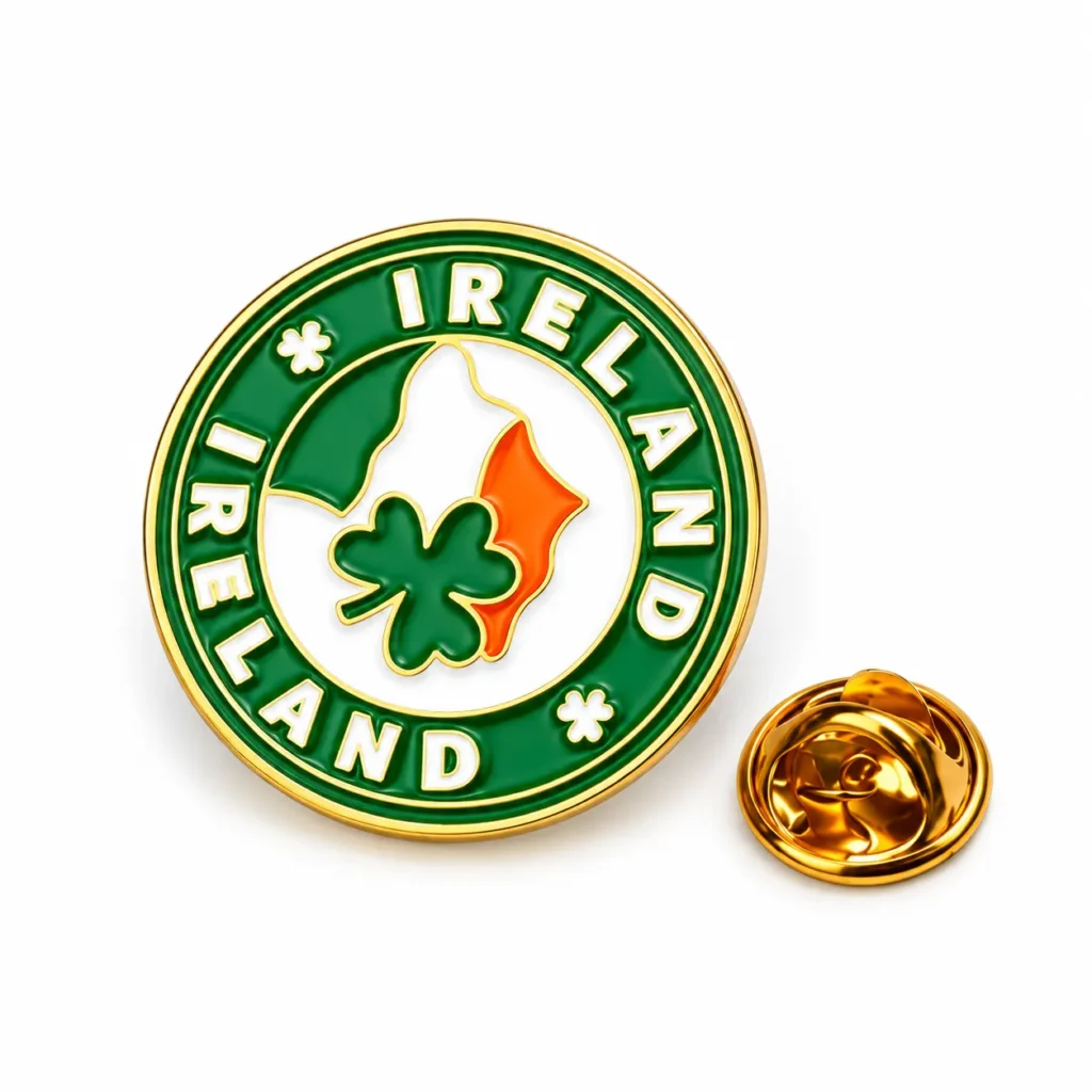 Round green Ireland enamel pin with a shamrock, tricolor map and gold-tone butterfly clasp on a white background