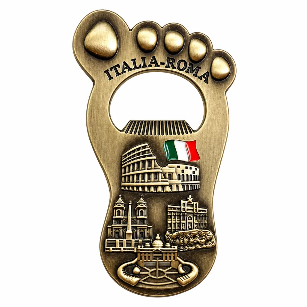Antique brass-tone foot-shaped Rome bottle opener with Italian flag and landmark relief on a white background