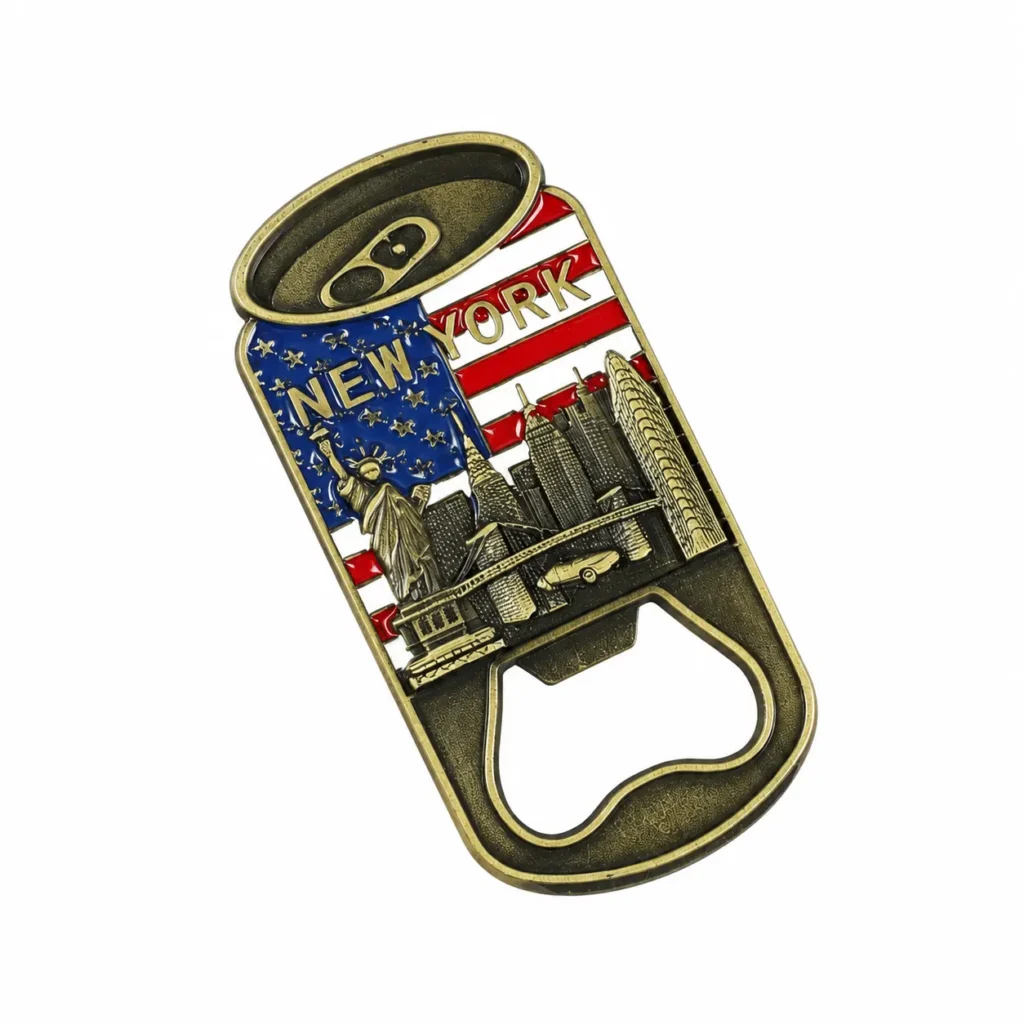 Can-shaped New York bottle opener with US flag colors, Statue of Liberty and skyline relief on a white background