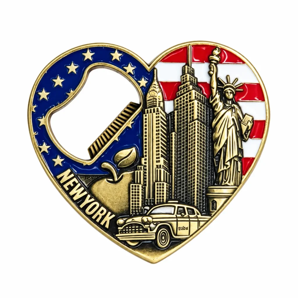 Heart-shaped New York bottle opener with US flag details, skyline, Statue of Liberty and taxi relief