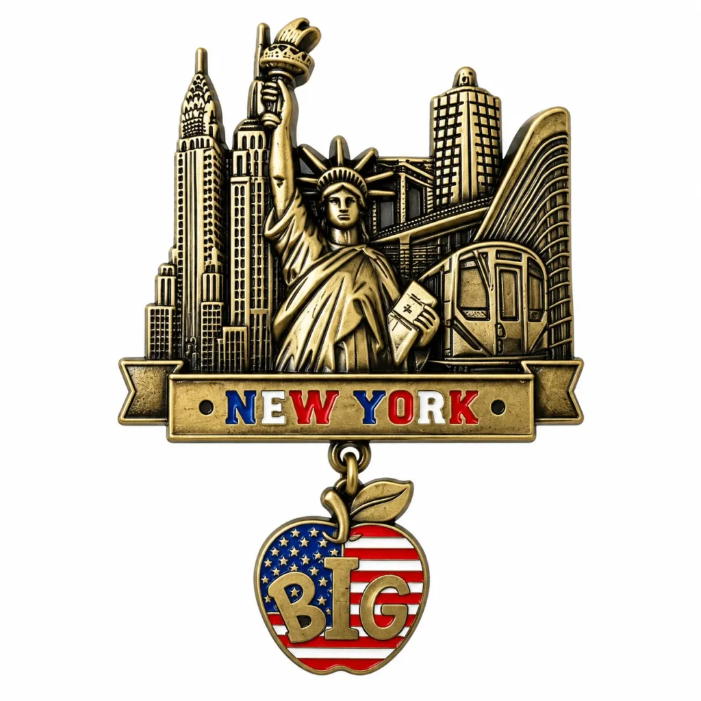Brass-tone New York skyline magnet with Statue of Liberty and a dangling flag-patterned BIG apple charm
