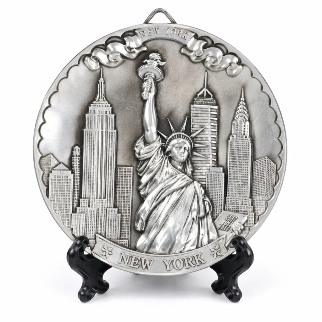 Silver-tone New York souvenir plate with Statue of Liberty and skyline relief on a black stand against a white background