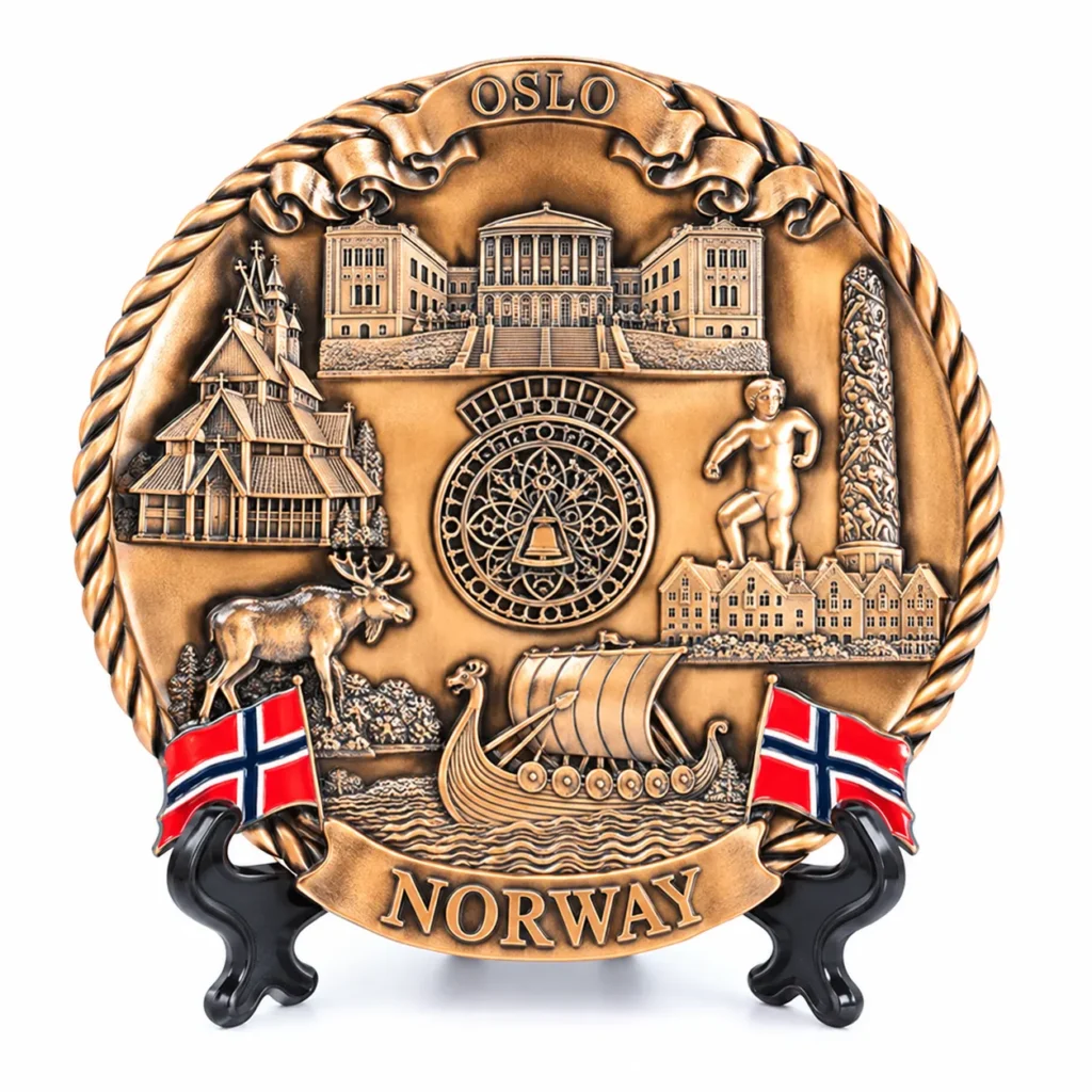 Copper-tone Oslo Norway plate with building, Viking ship and moose relief, two Norwegian flags and a black stand