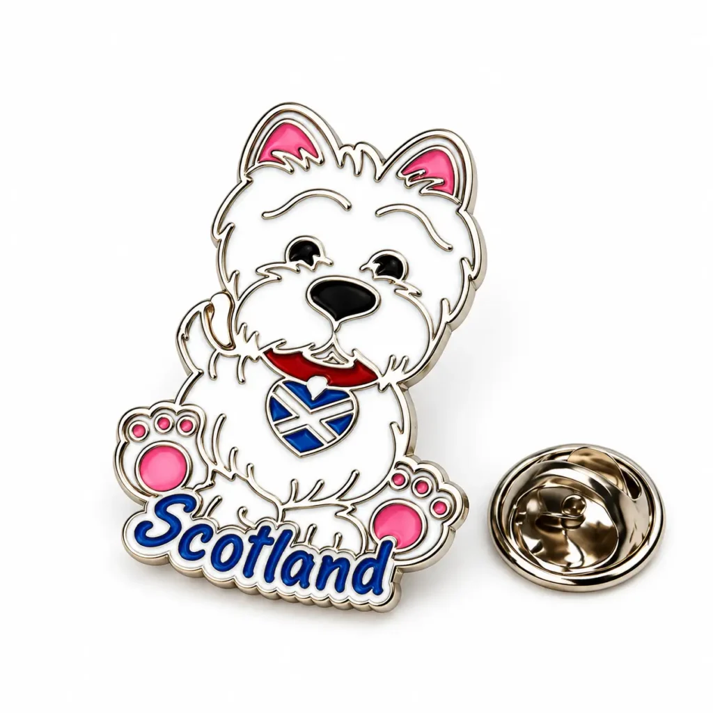 White Scotland dog enamel pin with pink paws, a Saltire heart and silver-tone butterfly clasp