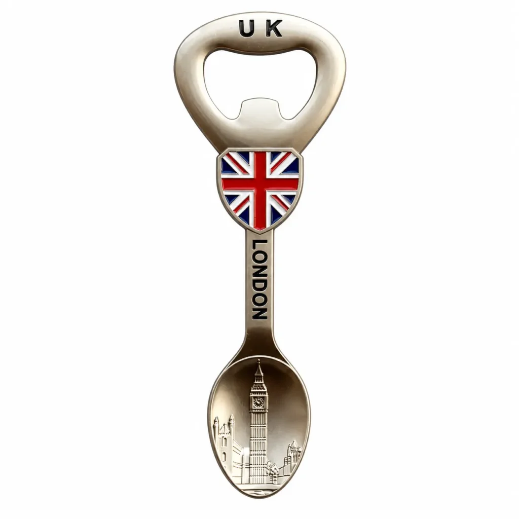 London spoon-shaped bottle opener with UK lettering, Union Jack shield and Big Ben relief on a white background