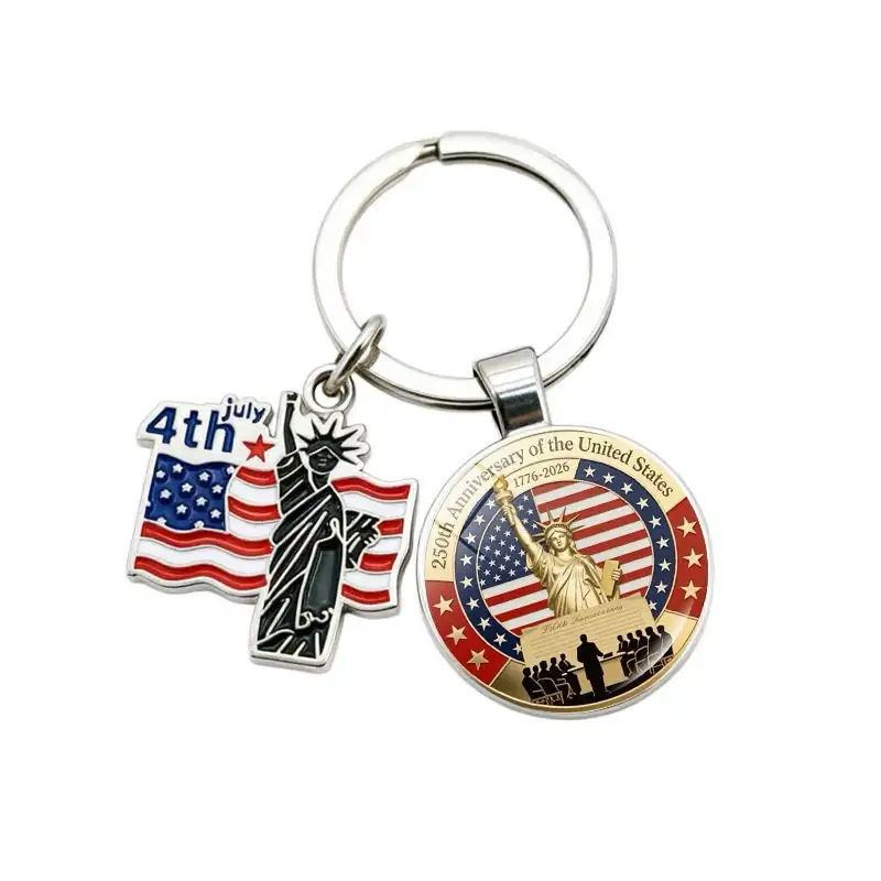 US 250th anniversary keychain with a Statue of Liberty medallion and July 4th flag charm on a white background