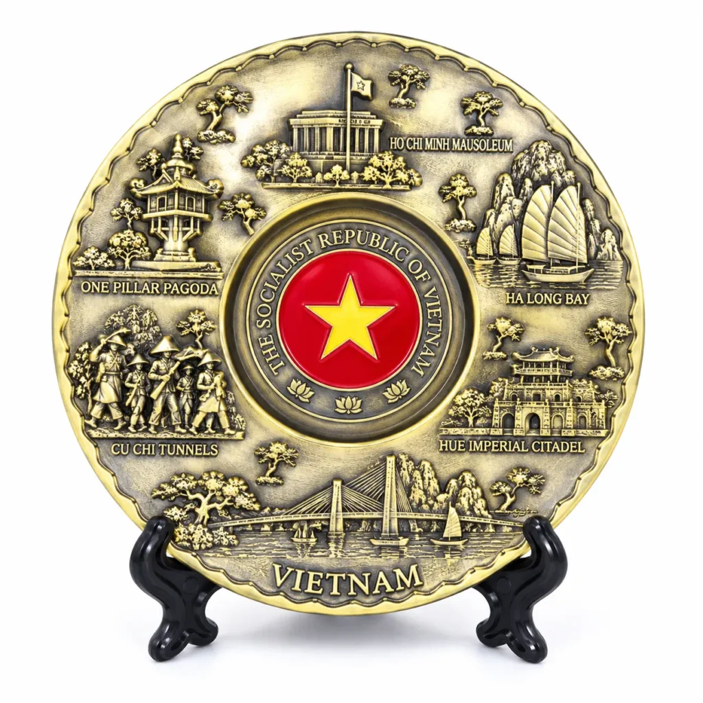 Brass-tone Vietnam souvenir plate with a yellow star on a red center and landmark relief, displayed on a black stand